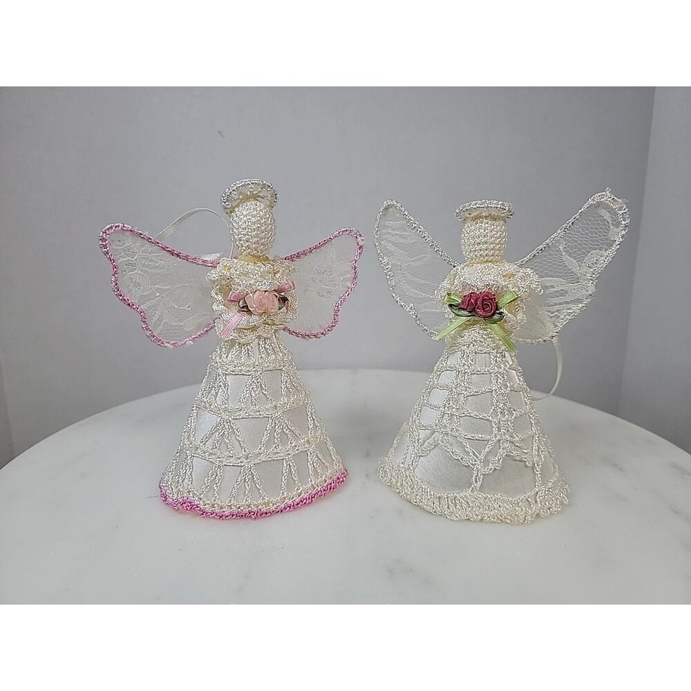 Two Vintage Ornament Crochet Lace Beaded Angel Christmas Tree Topper 6 Inches